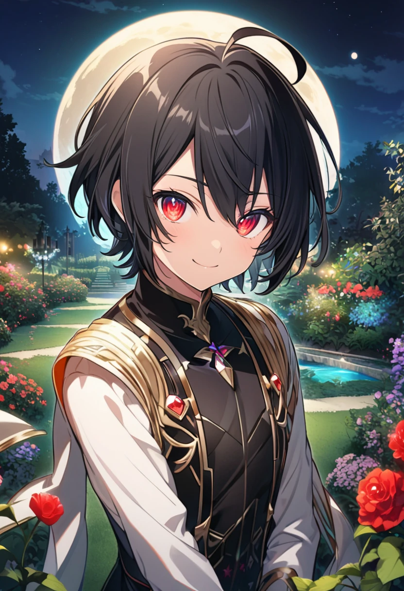 Aether \(AKB0048 Next Stage\), (short hair), (black hair), (bejeweled eyes), (red eyes):1.2, black costume, smiling gently, ((ultra-detailed)), ((illustration)), (neat hair)), (beautiful detailed eyes), (male), 1boy, ((garden, night, moon)), looking at viewer