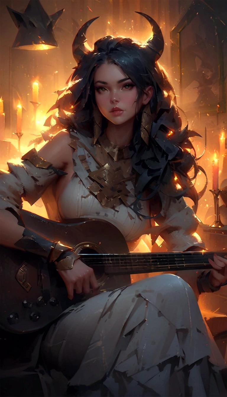 a woman with horns playing a guitar in a room with candles, artwork in the style of guweiz, artgerm and atey ghailan, guweiz, guweiz masterpiece, guweiz on pixiv artstation, ross tran 8 k, guweiz on artstation pixiv, by Ross Tran