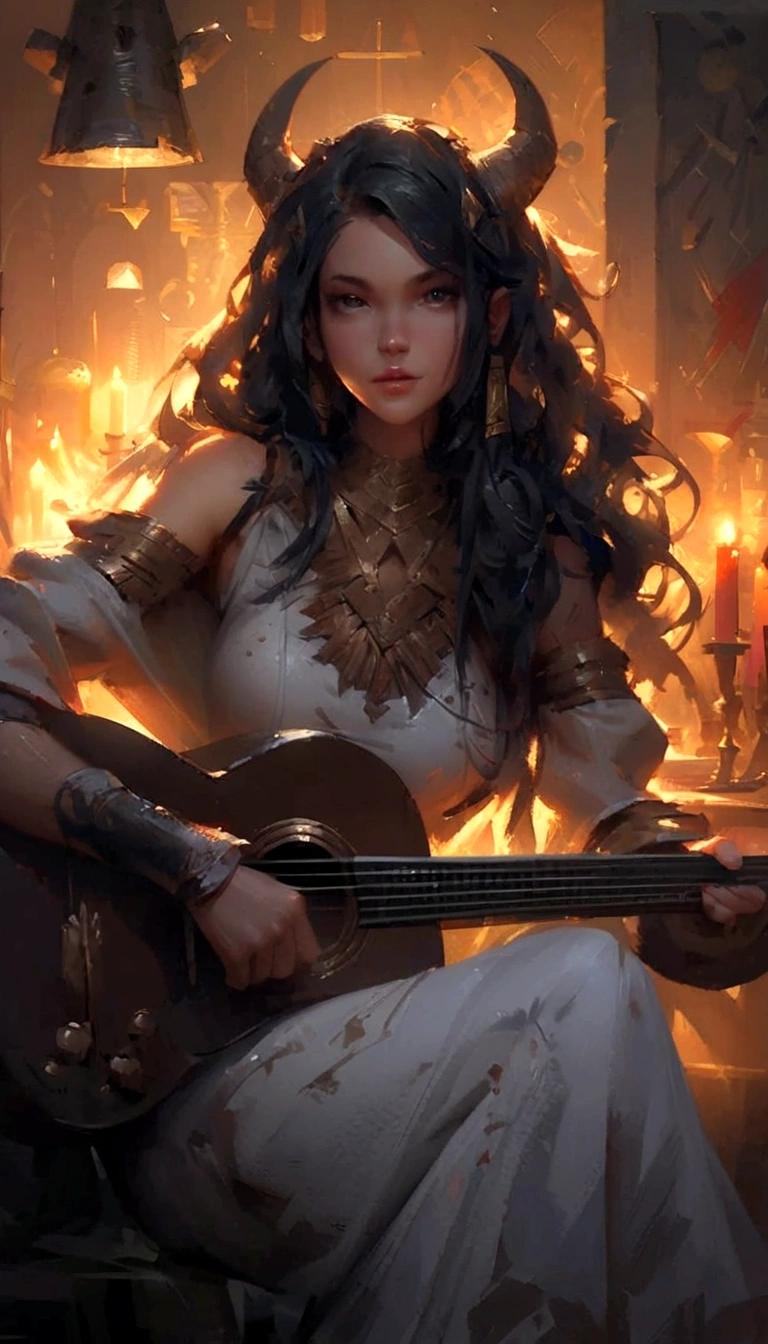 a woman with horns playing a guitar in a room with candles, artwork in the style of guweiz, artgerm and atey ghailan, guweiz, guweiz masterpiece, guweiz on pixiv artstation, ross tran 8 k, guweiz on artstation pixiv, by Ross Tran