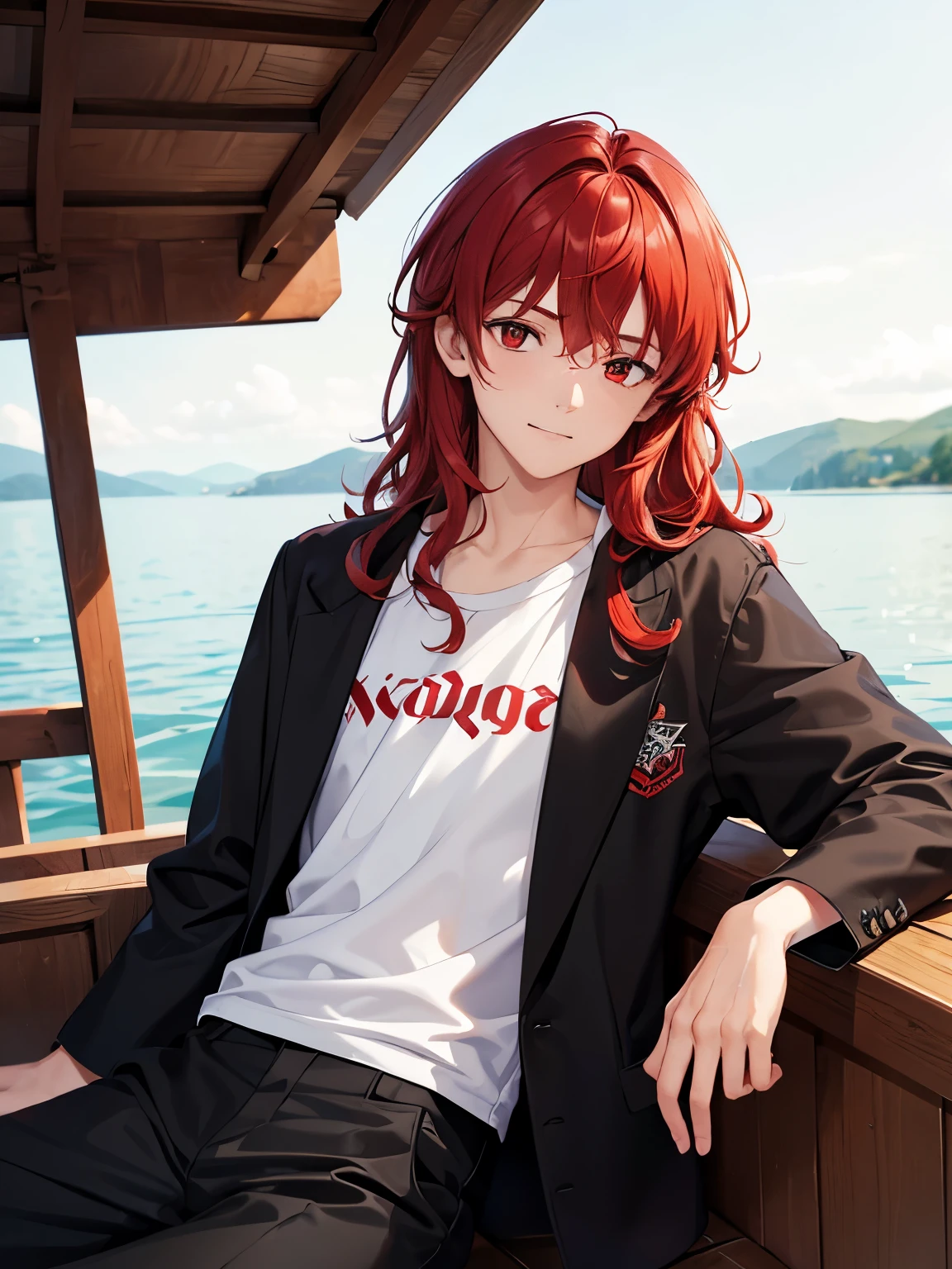 1boy,18 years old,Sitting in a wooden boat,Small boat, on a lake,cool,slight smile,middle parted hairstyle,Standing facing backwards,talking,Curly hair, red hair, red eyes, long hair, vampire, handsome,,close up photo,White t-shirt, black jacket,black jacket,,black trousers