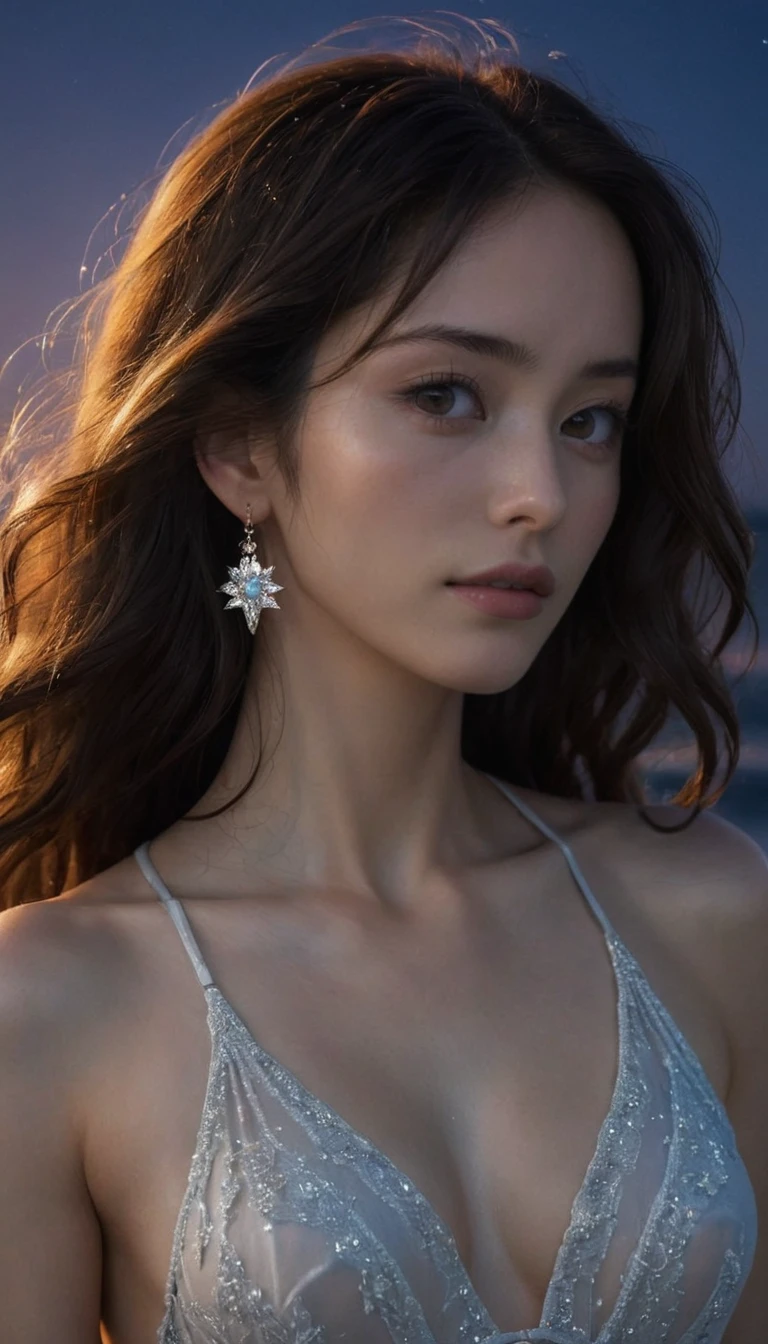 8k, masterpiece, RAW Photos, Highest quality, Realistic, Very detailed, Depth of written boundary, Cinematic Light, Anatomically correct body, 
(An elegant and beautiful mature woman:1.2), 
Wavy black long hair, Very beautiful face, Exquisitely detailed face, Goddess-like deity々Beautiful, Glamorous Body, Very sensitive skin, Transparent white skin, Sexy ass, Sexy thighs, 
Leotard Swimsuit, Detailed cloth texture, Gorgeous necklace, Gorgeous earrings, 
Starry sky background, Dark sandy beach at night, Pitch black sea surface, 