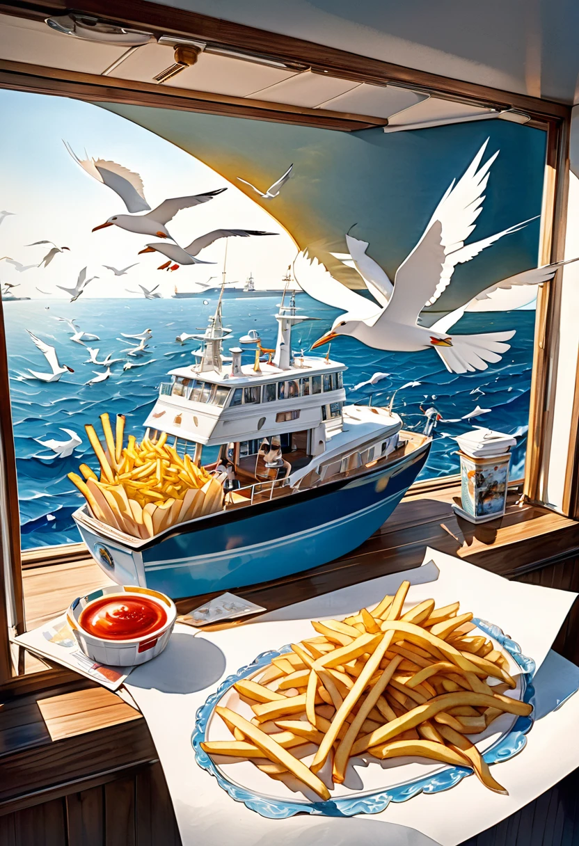 best quality, super fine, 16k, extremely detailed, 2.5D, delicate and dynamic, on a cruiser at sea, watching seagulls through binoculars while eating french fries, fusion of watercolors and oil paintings, fusion of paper cutting and shadow puppetry, three-dimensional effect expressed by light and shade, eye-catching effects, wind, wind effects