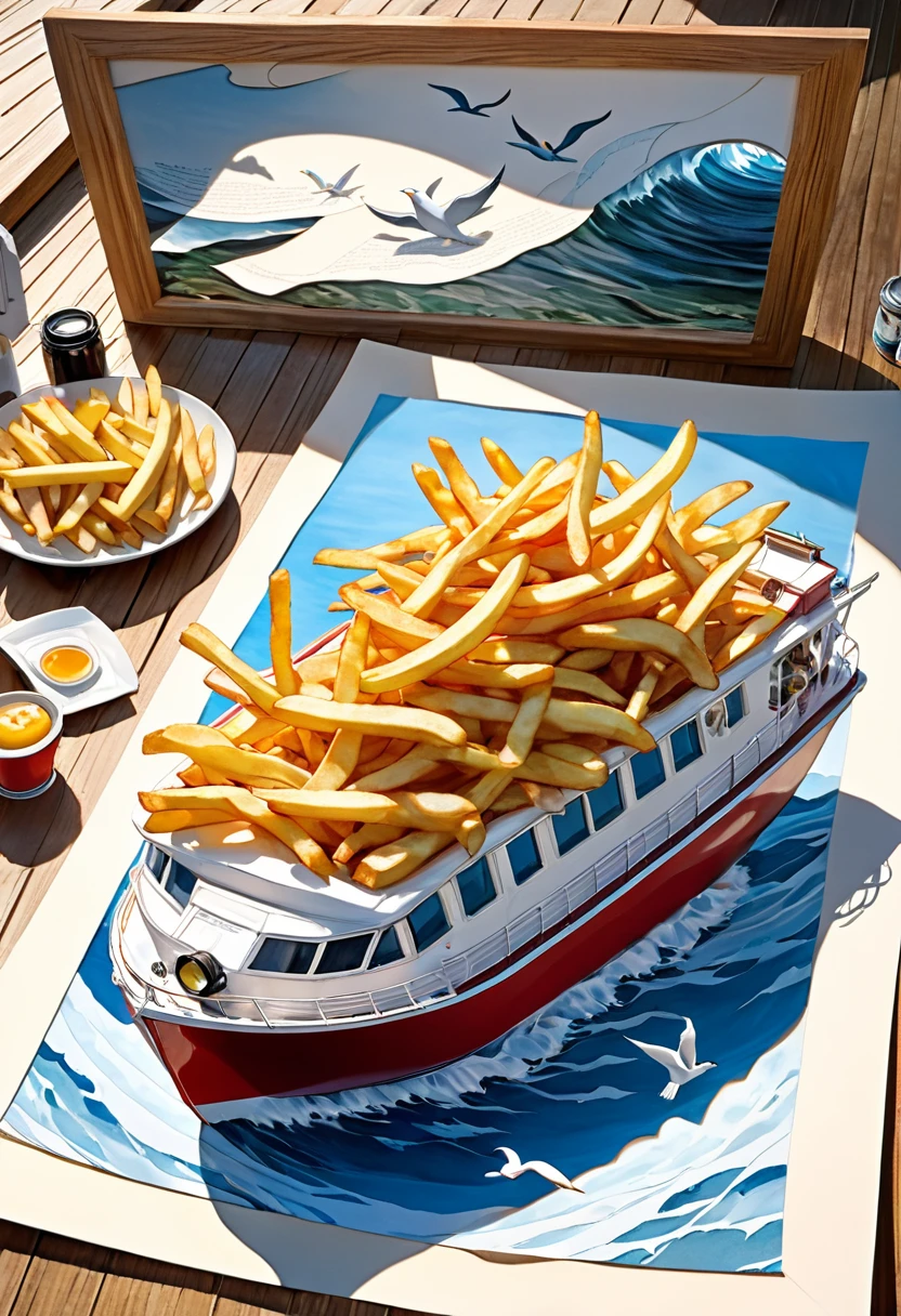 best quality, super fine, 16k, extremely detailed, 2.5D, delicate and dynamic, on a cruiser at sea, watching seagulls through binoculars while eating french fries, fusion of watercolors and oil paintings, fusion of paper cutting and shadow puppetry, three-dimensional effect expressed by light and shade, eye-catching effects, wind, wind effects