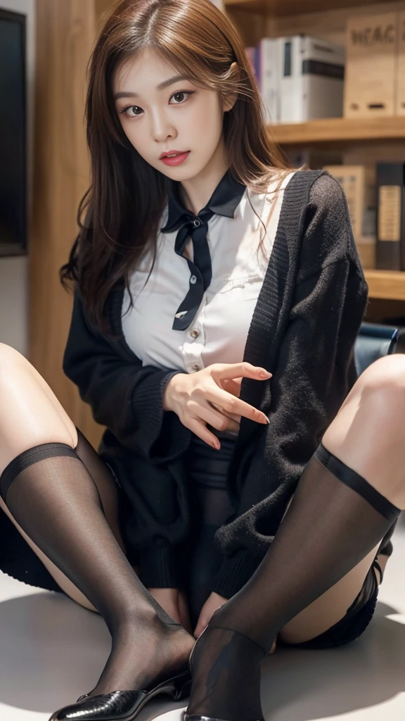 Highly detailed CG Unity 8k wallpaper, top quality, super detailed, masterpiece, realistic, photorealistic, highly detailed cute girl, 25 years old, (secretary), blush, parted lips, round eyes, medium breasts, viewer, half body shot, (show panties), panties under pantyhose, office, sitting, legs crossed