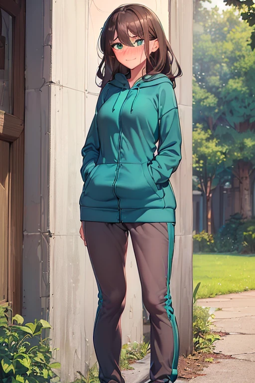 (((medium breasts))), ((best quality)), ((masterpiece)), (detailed), (((perfect face))), (((slender 16 year old teen girl wearing teal zip hoodie))), (((gray sweatpants))), ((dark brown hair)), ((long wavy hair)), (((beautiful green eyes))), ((shy:1.3)), ((blushing:1.6)), ((small shy smile)), ((sexy thighs)), ((sexy legs)), (((outside next to a tree))), ((((looking away)))), (((full body)))