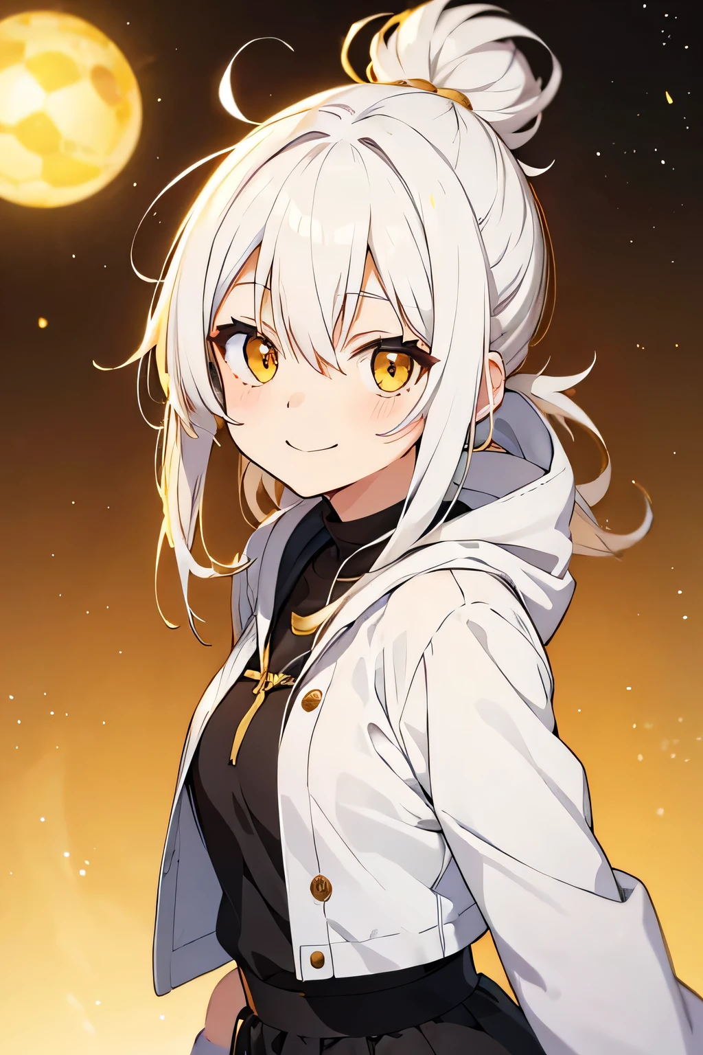 cute anime girl, smiling, white hair and yellow hair , hair in a bun, long hair, messy hair, golden eyes
