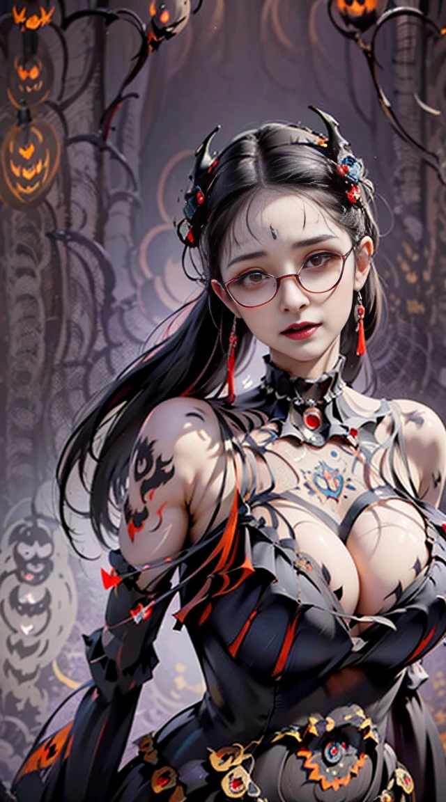 Fine、(The best illustrations)、8k UHD resolution、intricate-detail、top-quality、realisitic、ultra-detailliert、The best lighting、Best Shadows、Soft lighting、Ulutra HD、Ultra-realistic、Tindall Effect、Photorealsitic、(High Detail Skins:1.2)、 (Intricate details, makeup, pureerosface_v1:0.5), (Detailed beautiful delicate face, Detailed beautiful delicate eyes, A perfectly proportioned face, High detailed skin, Detailed skin, best ratio four finger and one thumb, arms below breasts, Tattoo with a red glow under the stomach、Awesome awesome, wide hips, smooth midriff, skiny and thin, __Fashion__, __hair__:1.25)、Digital SLR、 absurderes、1 beautiful devil woman from hell, surreal female portraits by David Hockney and Alphonse Mucha, Portrait of a seductive woman、Fantasy Art, Chinese Doll、Chinese actress、Dungeon、The dragon、Devil's Palace、Devil's Torture Chamber、natta、Dark style 、In the Dark、(Detailed spooky backgrounds:2), magia、 1 girl、Evil Nun、Dark Necromancer、Succubus、Devil's Daughter、Umi Shinonome、Bat Wings,(((Demon Horns)))、 ((((Huge glasses, Otaku Glasses, thick glasses, Round glasses)))),(((Colossal tits)))、(Devil's Tail)、(red eyes glowing:1.6)、red eyes make up very sharp and detailed, The eyes are very well made up, ((Red Eye:1.0)),intricate tattoos, demonic intricate tattoos, thigh tattoos, body tattoos, masterpiece、The most beautiful face、a baby face、Charming smile、plump beautiful red lipuscular seductive body、The enchanting body of the devil、devil style、Seductive Black Magic Costume、(((A shiny red snake is wrapped around her body)))、The long-haired、Braids、A dark-haired、Ponytail distortion、, Ponytail with a bow tied at the back of the hair, Beautiful expression、Body Up、Large breasts emphasis、Bust, Super tight breasts, Breast augmentation surgery, The breasts are very big and round and round,Toned waist、Wide buttocks、 lowkey, cowboy lens, (Black Phoenix Dress: 1.0), devil crown, Red sparkling gemstone necklace、Jewelry Gwise, wearing black mesh socks,Wear light red、nff