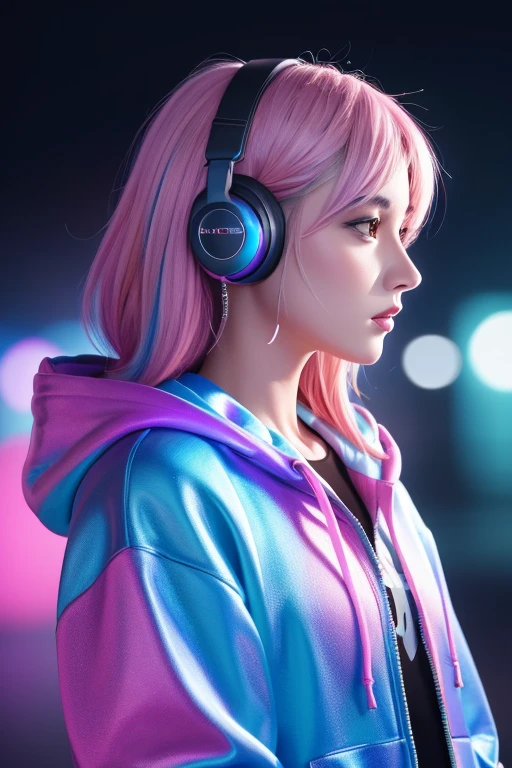 colorful hyperrealistic digital painting of a beautiful girl with striking black eyes in a ht scene filled with many notes, a decorative panel, and an abstract art background, side profile view, photorealistic, light pink straight hair, glowing white skin, extremely detailed, fractal art elements, floral textures, dynamic pose, abstract background, glowing skin, many colors, earrings, feather
colorful 3D rendered digital painting of an adorable chipmunk with fluffy fur wearing a silver blue outfit including a hoodie and headphones, set in a modern and inorganic background, bright lighting, vibrant colors, outside in the rain