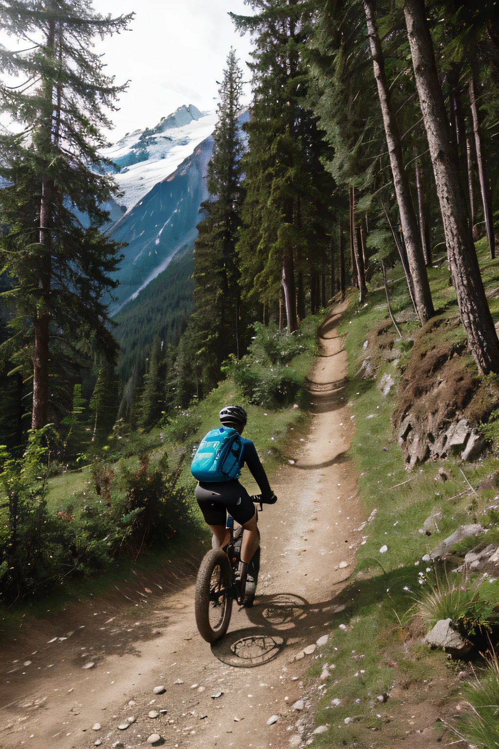 fast descent on a mountain bike on a path in the woods. in the background high mountains with glaciers.