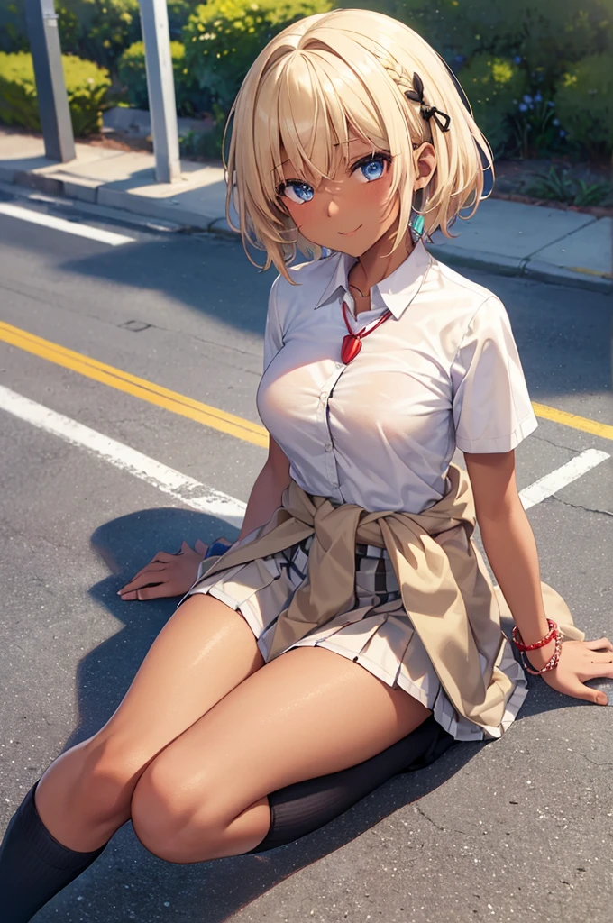 Character Focus、From above(school uniform:1.3), (Plain beige clothing around the waist:1.5), (West knot:1.3), (white collared-shirt:1.4), ((white collar, Unbutton, Short sleeve):1.2), (Red checkered pleated skirt:1.3), ((necklace, Colorful Bracelets, ×Hair accessories):1.2),
Very detailed、(8k, RAW Photos, Highest quality, masterpiece:1.2), (extremely detailed 8k wallpaper),shape、Professional Lighting,Sharp focus, Written boundary depth、
Browsing Caution、Clear Eyes、Perfect Anatomy、With a girl、-yeld st gal(Dark Skin:1.2)、smile、Fully exposed、Lift up your skirt、blue eyes、blonde、(Compensate:1.1)、(Below-the-knee loose socks:1.2)、Sitting in the street、Sitting on the dirty ground、(nsfw)