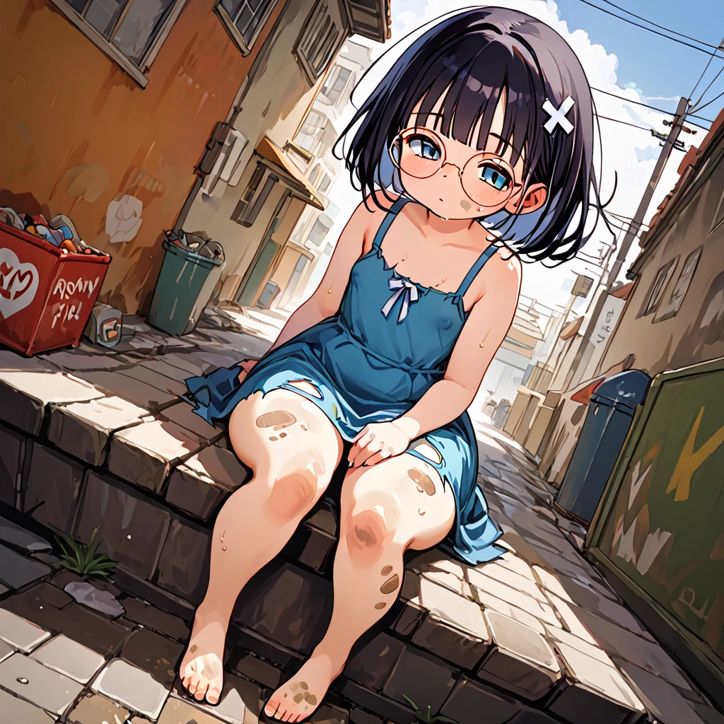 (masterpiece), (best quality), ((ultra-detailed)), (high resolution), (an extremely delicate and beautiful, super fine illustration), official art, BREAK 1girl, (:1.5), (tiny girl:1.7), (5yo:) flat chest, Plump, (Thick thighs:1.5), (big ass:1.5), erect nipples, Huge areola, large nipples, long nipples, erect nipples, oily skin, BREAK droopy eyes, emerald blue eyes, (bad mood:1.3), (clear face:1.3), (half closed eyes:1.4), BREAK bob cut, tired hair, messy hair, No hair ornament, Black hair color, girl wearing black round glasses, BREAK (sundress), (torn clothes:1.4), (bare foot:1.4), BREAK Sweat, steam, humid, NSFW, (dirty body:1.4), BREAK (sitting on the alley), BREAK (dynamic angle:1.7), from below,
