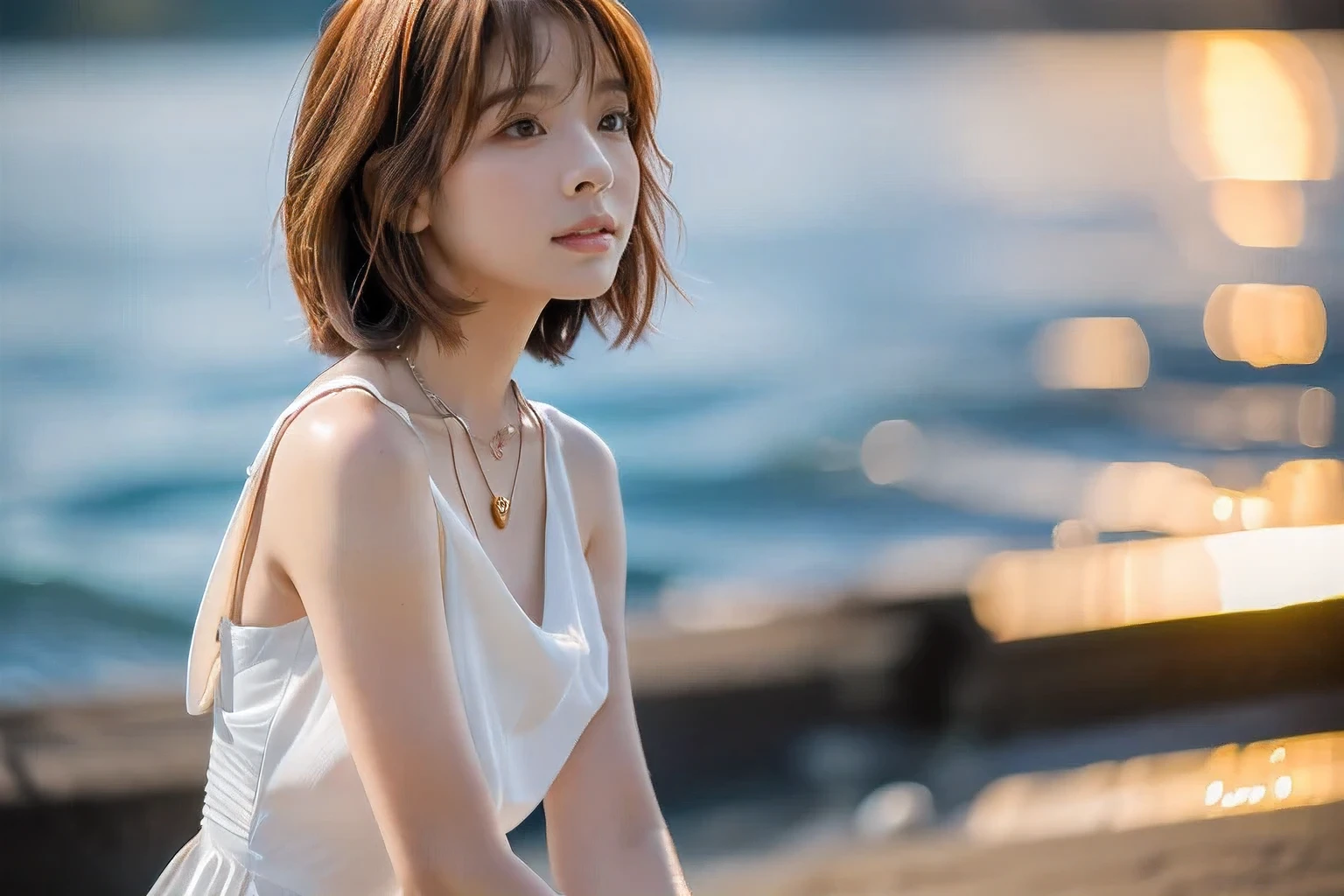 (Not looking at the camera、Beautiful profile looking into the distance:1.5)、(Sitting on the beach with my knees hugged:1.5)、(Profile of a woman looking at the beautiful sunset over the sea、18-year-old female:1.5)、(The best quality at its best:1.4), (Super detailed), (Very detailed CG unified 16k), Beautiful woman with perfect figure: 1.4, Sharp focus: 1.2, Very detailed, High-quality RAW color photos, Professional photography, Great face and eyes, cosmetics, (Amazingly beautiful girl), ((Summer white dress:1.5)), Realistic movie faces, Full body long view from head to toe, Realistic, ((Realistic natural orange red hairstyle)), ( Short Bob Hair:1.5), (necklace:1.5)、, Very beautiful face, Perfect model beauty, Mouth swelling, Highly detailed face and skin texture, Fine grain, double eyelid, Medium chest, (masterpiece), Highest quality, High resolution, Very detailed, Blurred Background, Depth of written boundary, Cinema Lighting, Great legs, , Clear, well-maintained skin,((Full body shot from head to toe:1.5))