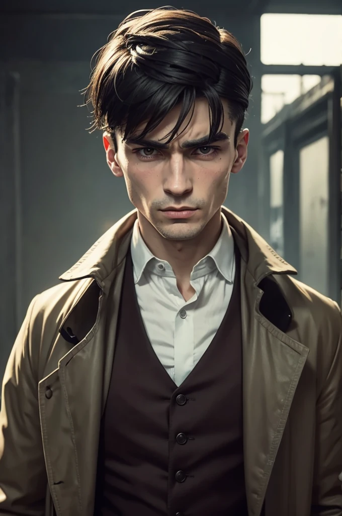a man in Thomas Shelby clothes with a cold expression on his face in anime style