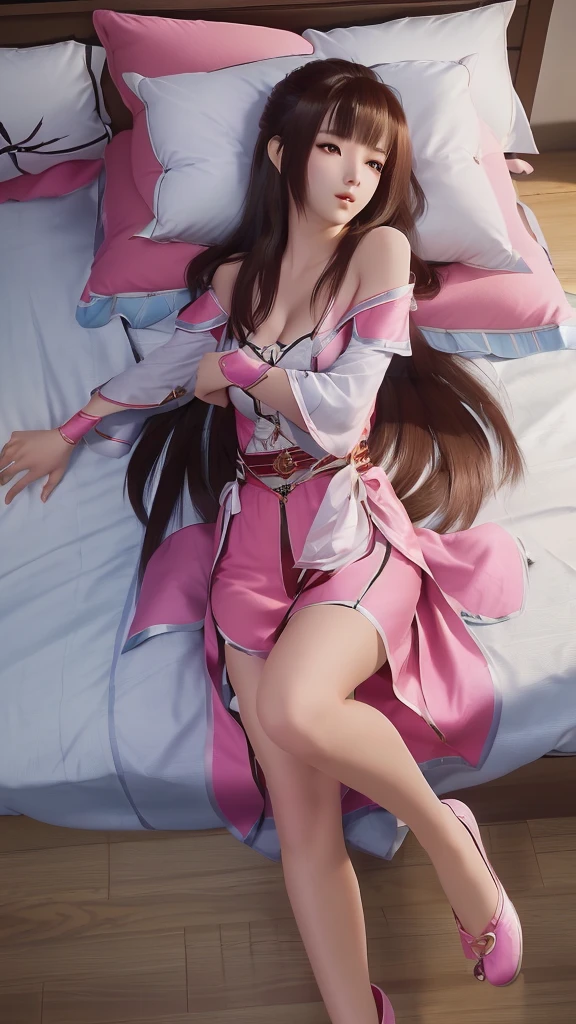 一个女孩Lying in bed，Face up，Raise your legs slightly，Front view super detailed beautiful big breasted girl 16 years old. Ultra HD, 4k, 8K, Movie，whole body，Lying down，Long legs，Very big breasts，whole body捕捉，（（（Lying in bed））），（（（whole bodyLying in bed））），Pink bed，Off-shoulder，Shoulder-length skirt，Lying in bed，Sleeping on the pillow，Lying down，Headrest pillows