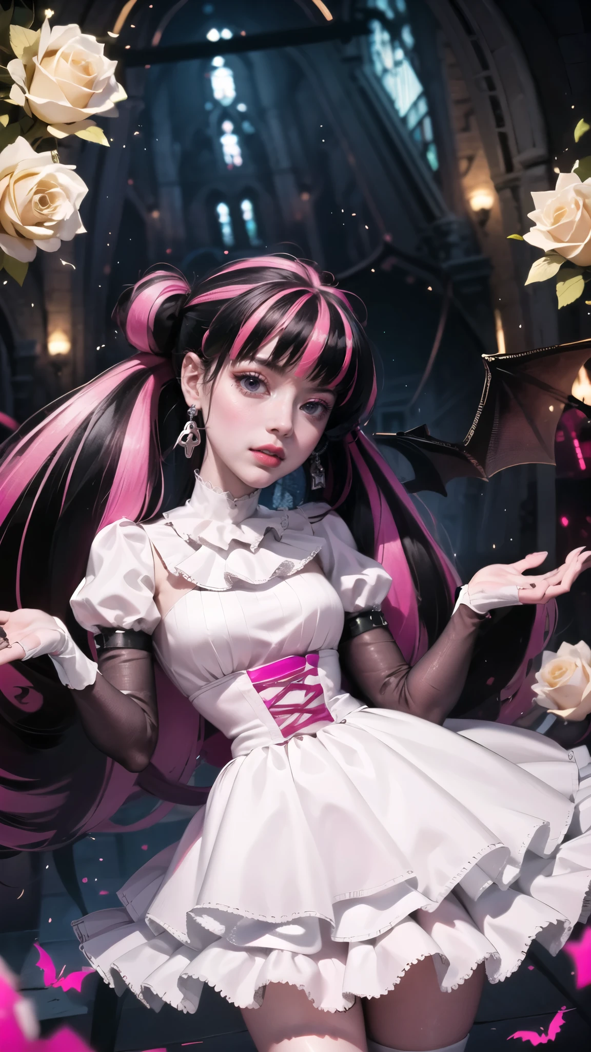 ((high quality)), ((Work of art)), (more detail), 1girl, succubus, centered, a girl with a bat wings, bakery utensils, award winning upper body portrait, cowboy shot, Draculaura_MH, solo, black half hair, pink half hair, multicolored hair, long hair, wave hair, braided hair, white shirt, pink skirt, black apron, pink knee boots, sad expression, bakery, gothic architecture, kitchen scenery, cooking a cake, white roses, depth of field, cinematic composition, half black hair, half soft pink hair, wave hair, a cake on the focus, white roses, showing a vampire fangs, Debutante dress, bat wings, white dress, white dress with transparency, pink laces, white gloves, white high socks, pink high hills boots, bat jewelry, jewelry, white roses on focus, Draculaura_(monster high), Monster High, looking at the viewer, more details on the clothes,