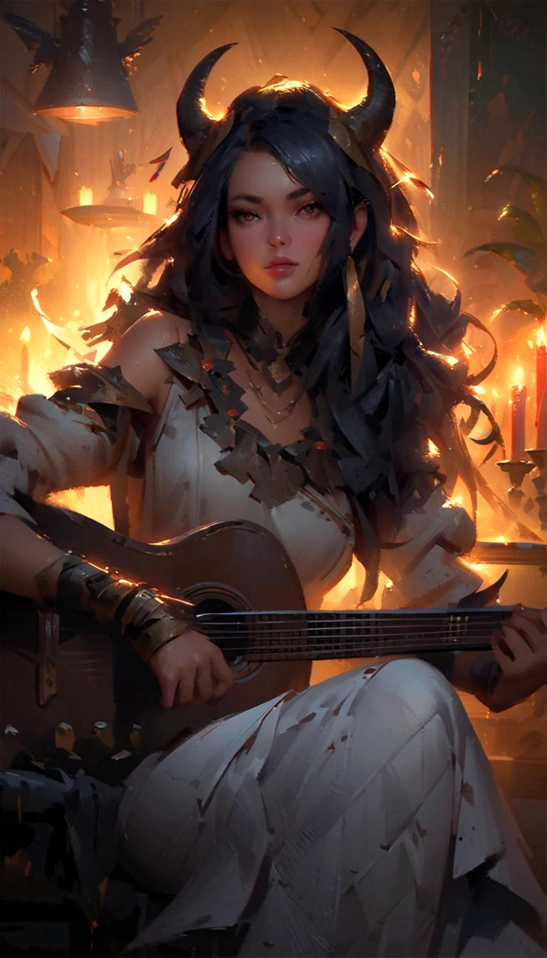 a woman with horns playing a guitar in a room with candles, artwork in the style of guweiz, artgerm and atey ghailan, guweiz, guweiz masterpiece, guweiz on pixiv artstation, ross tran 8 k, guweiz on artstation pixiv, by Ross Tran
