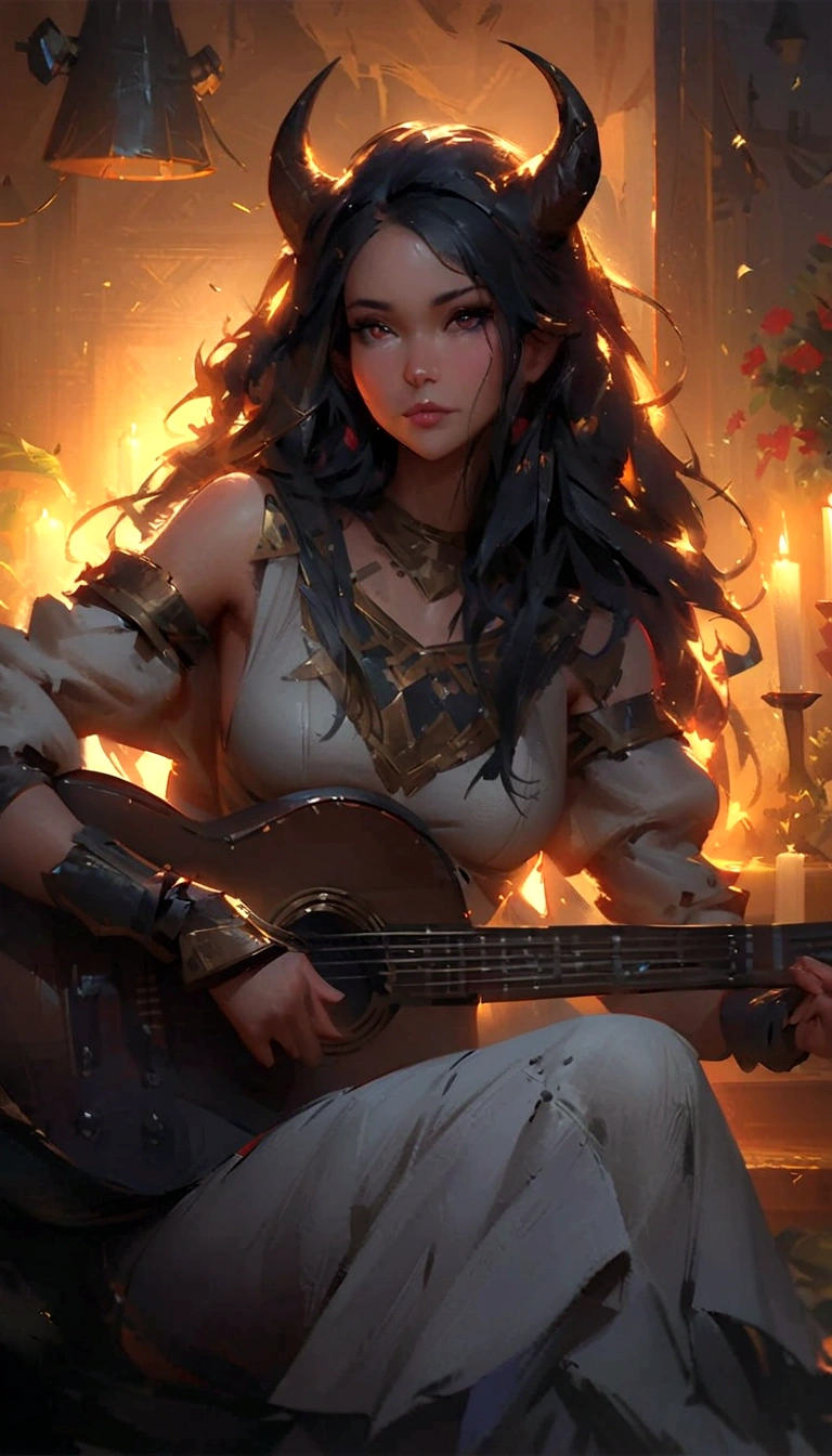 a woman with horns playing a guitar in a room with candles, artwork in the style of guweiz, artgerm and atey ghailan, guweiz, guweiz masterpiece, guweiz on pixiv artstation, ross tran 8 k, guweiz on artstation pixiv, by Ross Tran