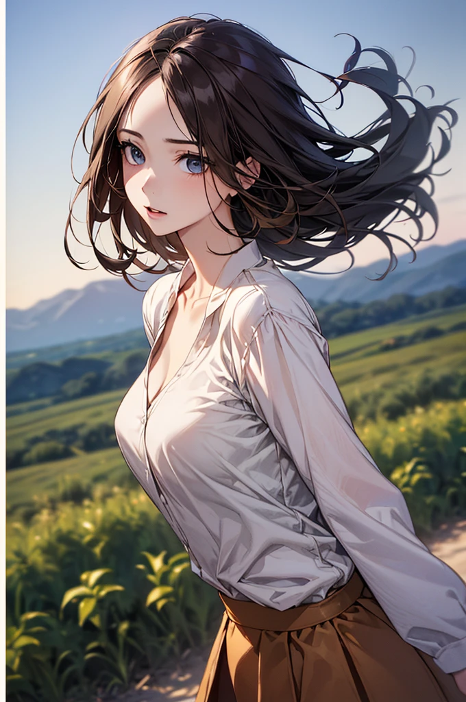 ((Biologically correct limb count))、((whole body including face))、4K、Masterpiece、((Focus on the face))、((Symmetrical, well-proportioned facial features))、Eyes with delicate depictions、(((1 person)))、Beautiful woman、Outstanding style、Slender Body、((Long flared skirt、shirt、(High heels)))、(Embarrassed look)、(Close-up photo of the upper body)、High angle、Photo with white border、、The background is a beautiful landscape