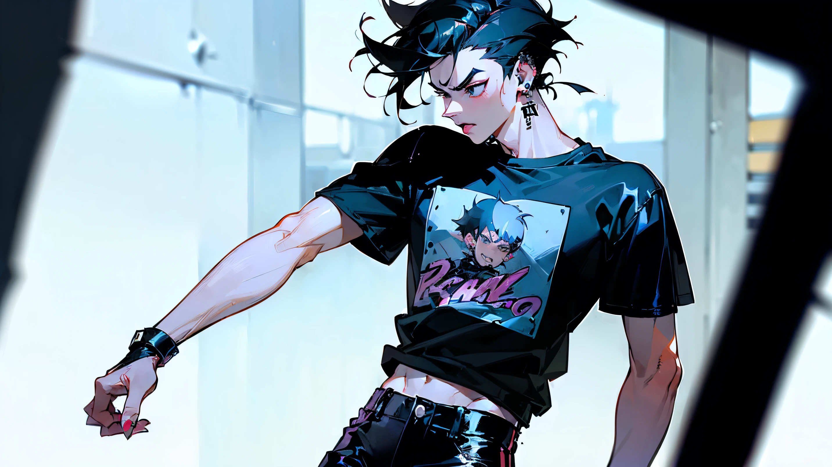 (((masterpiece,Highest quality))),((Anime boy with black hair and black eyes wearing a punk rock t-shirt and patent leather pants)),((Has multiple ear piercings)),((Has two lip piercings)),(Glaring),Standing alone in the middle of the concrete jungle,(Focus on people,Upper body close-up),anime,