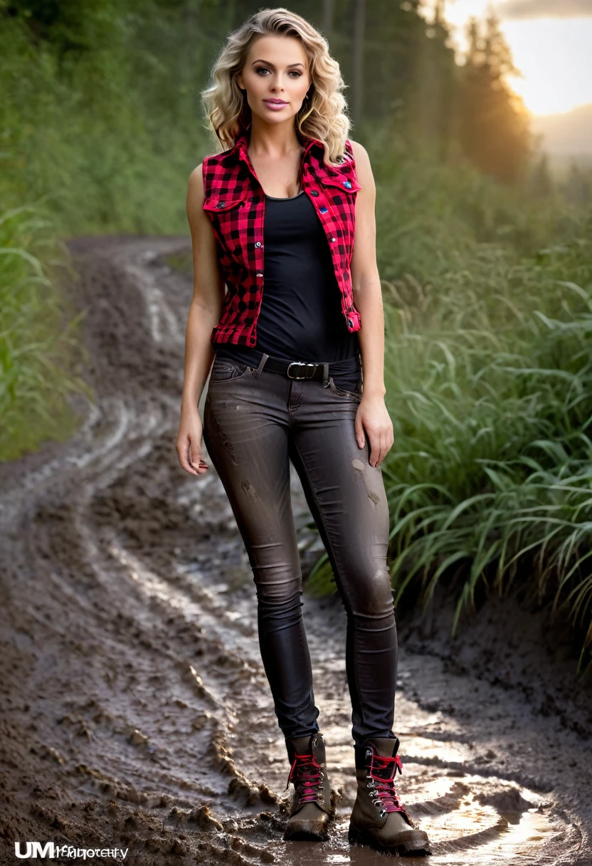 Gorgeous European blonde woman, age 35, wavy hair. 
She's wearing a (muddy skinny washed-out black jeggings:1.5), hiking boots, a sleeveless red checkered tight shirt and a military jacket. (spreading legs wide showing crotch:1.5)
Blurry foreground, UHD, retina, masterpiece, accurate, anatomically correct, textured skin, super detail, high details, high quality, award winning, best quality, highres, 16k, 8k, sunset light.