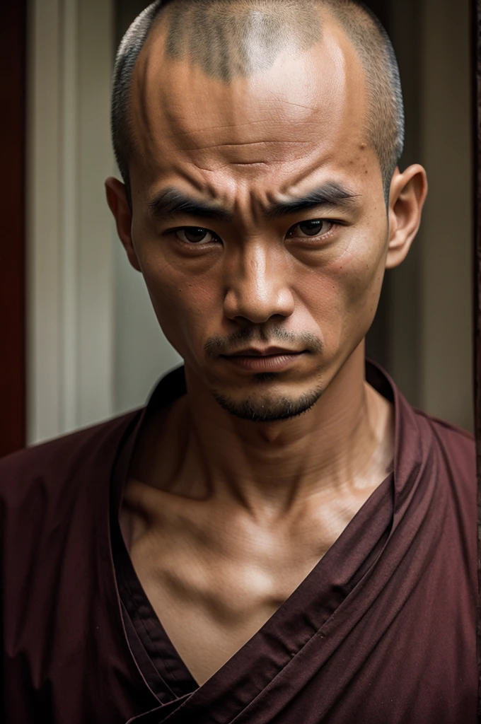 A datailed photograph a serious looking Chinese monk