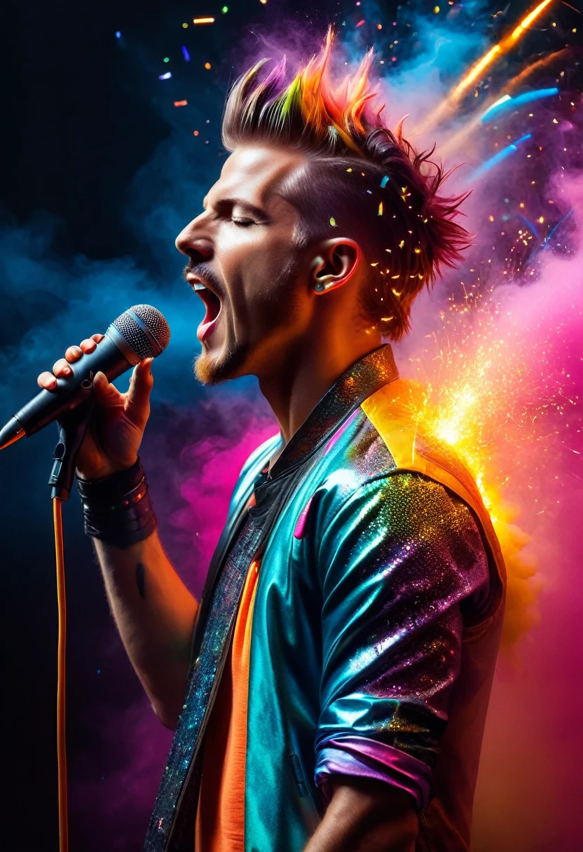 cyberpunk styled male artist (singer), (rockstar), (best image quality,4K,8k,HD,Meisterwerk:1.2),Super detailliert,(lebensecht,lebensecht,lebensecht:1.37)。Kreative Tapetengestaltung,extremely beautiful,Buntes Konfetti explodiert wie Feuerwerk,(((young male singer,screaming in the mic,Buntes Konfetti spritzt aus dem Schlagzeug,Tanzen Sie zur Musikmelodie)))Energetische Bewegung,Dynamische und kraftvolle abstrakte Kunst,Bunt,Lebendige Regenbogenfarben,Cheerful and lively atmosphere,leuchtendes Orange,Rosa,Whimsical and dreamy,dunkler Hintergrund