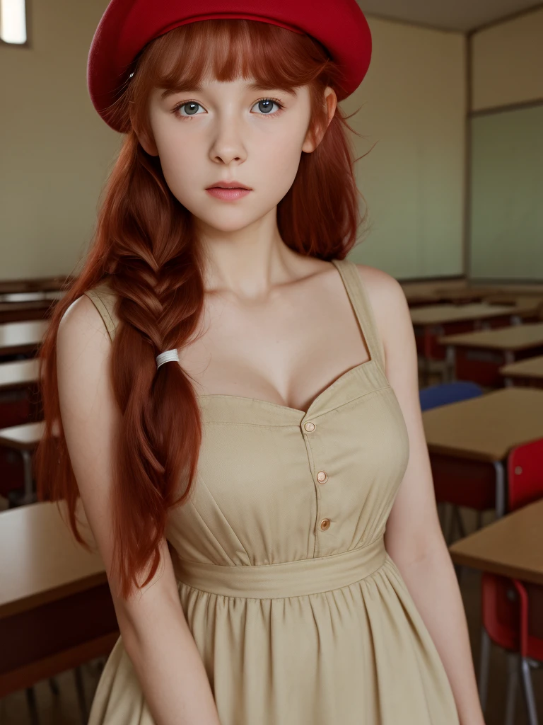 (masterpiece, best quality, cinematic, volumetric lighting, very detailed, high resolution, sharp, sharp image, 4k, 8k, 35 mm, one girl), ((a girl in classroom, she wears long dress and beret, shy, braided red hair, pale skin)), ((slim body, very large bust size for her young age))