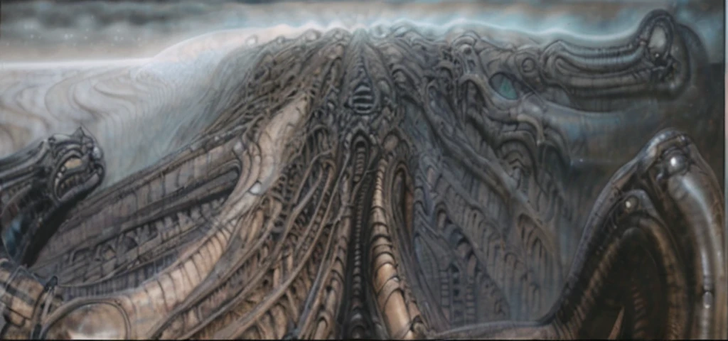 extreme close-up, RAW photo Create biomechanical tableau with some of the artistic techniques and compositional features used in /&quot;Necron IV/” by h r (Hans Rudie) giger:
The painting is composed around a central focus of ribcage-like structure with a phallic spine. This central form is the most detailed and brightly lit part of the painting, and it draws the viewer's eye in.The central focus is emphasized by the use of light and shadow. The light source is coming from the top left of the painting, and it casts a bright spotlight on the scene.
Biomorphic forms: The biomechanical forms in the painting are inspired by biological organisms, but they are also machine-like. These forms create a sense of unease and discomfort, as they blur the line between the natural and the artificial
. The image is highly detailed and intricate, almost like a 3d version of a medical diagram (detailed view of an anatomy model, possibly of a human body, with transparent organs and bones exposed). The piece has a thick mechano-organic texture and is covered in fine details. The image has a swirling, organic quality to it. The artistic manner would be unmistakably Gigeresque. A dark and unsettling beauty would permeate the piece, blurring the lines between fascination and repulsion , forever haunted by the grotesque allure. Giger's signature artistic manner would be evident in every stroke. The airbrush would be wielded with masterful precision to create a hyperrealistic yet nightmarish aesthetic.,hrgiger,H.G. Giger Style, Biomechanics,HRGigerArhP style
, skin detail,  (underexposed:0.7), (shiny highlight:1.0), high contrast studio lighting, creepy, wet, shiny, hyper realism