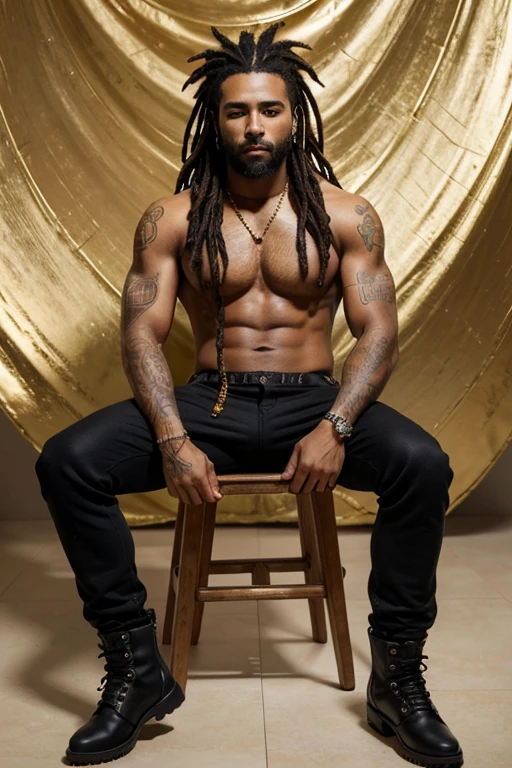 hombre moreno, mide 1.98 cm, es alto robusto con el abdomen un poco esponjoso, tiene dreadloks, usa pantalon militar y franela negra, usa botas de combate, tiene baquetas de bateria de oro en sus manos, sus dreads estan decorados con aros de oro, esta feliz, es super guapo y masculino, esta en un estudio de musica y al fondo se ve una bateria para tocar musica, robusto, muy alto, piel morena color mocachino, robusto un poquito gordito