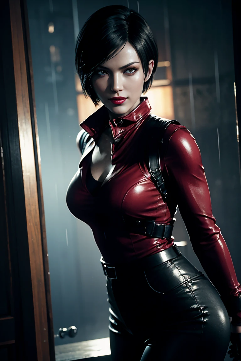 Resident Evil 6,Ada,Short Hair,Red Shirt,Stand up your collar,Black Leather Pants,Photorealistic,Ultra HD,high quality,masterpiece,Digital SLR,Detailed details,Intricate details,Anatomical basis,Depicted in detail,A detailed face,Realistic skin texture,Vivid details,Perfect Anatomy,Perfect Anatomy,Anatomically correct hand,Anatomically correct fingers,Super Detail,Complex 3D rendering,Sexy pose,Rainy Sky,Beautiful scenery,Fantastic rainy sky,Picturesque,Red Lip,smile,