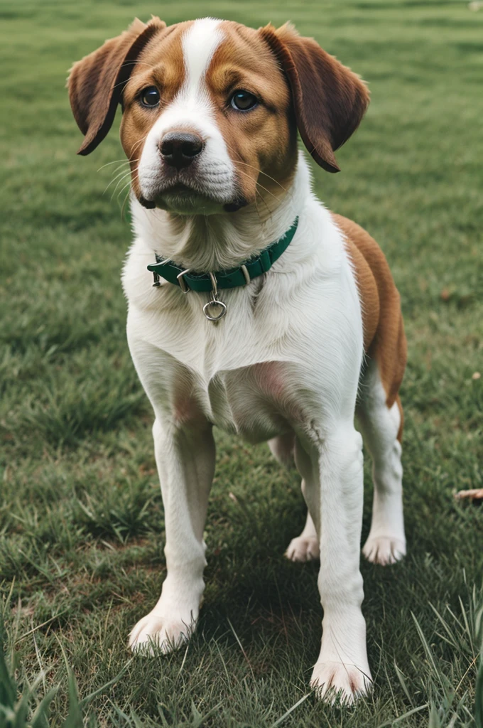 Puppy Dog, standing on green Grass, background white smokey space