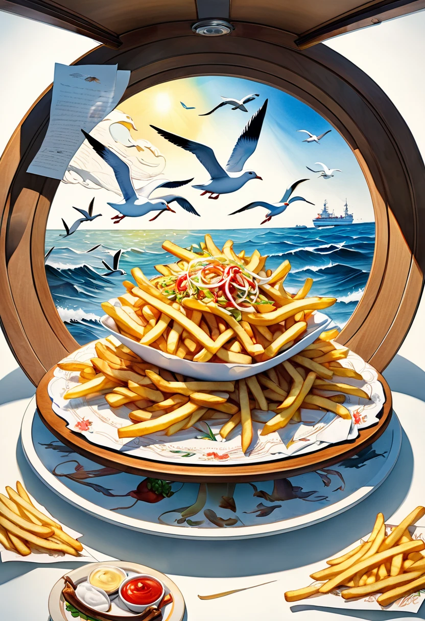 best quality, super fine, 16k, extremely detailed, 2.5D, delicate and dynamic, on a cruiser at sea, watching seagulls through binoculars while eating french fries, fusion of watercolors and oil paintings, fusion of paper cutting and shadow puppetry, three-dimensional effect expressed by light and shade, eye-catching effects, wind, wind effects