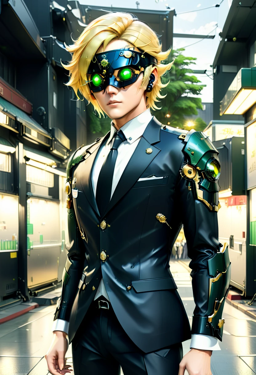 Arafed a picture of a human male spy, wearing dark suit, wearing ((mecha eye patch, eye patch covering only one eye: 1.5))exquisite beautiful male, blond hair, short crop hair, green eyes, eye patch has intricate mechanical part in it, high society gala event background, (Masterpiece: 1.5), 16k, highres, best quality, high details, ultra detailed, masterpiece, best quality, (extremely detailed),