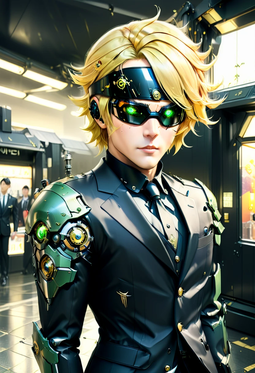 Arafed a picture of a human male spy, wearing dark suit, wearing ((mecha eye patch, eye patch covering only one eye: 1.5))exquisite beautiful male, blond hair, short crop hair, green eyes, eye patch has intricate mechanical part in it, high society gala event background, (Masterpiece: 1.5), 16k, highres, best quality, high details, ultra detailed, masterpiece, best quality, (extremely detailed),