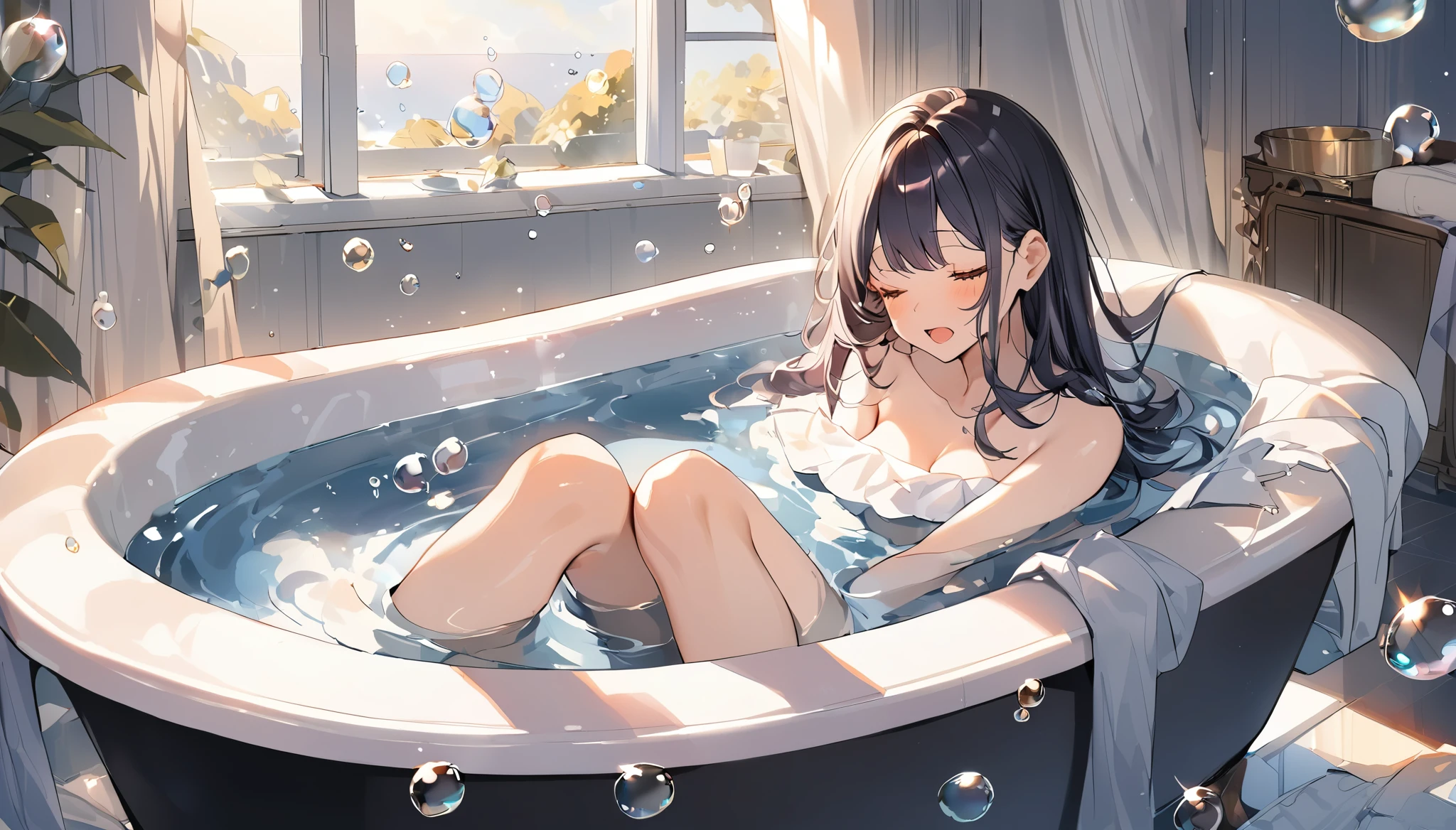 A woman taking a bath:1.2, Stretch your legs and take a bath, Wide and deep bathtub:1.4, sleepy, Beautiful eyes, (((Full of bubbles, Open your mouth, sleepy))), Beautiful face, Shiny Hair, Long eyelashes , Captivating and unforgettable images, Gentle lighting, Highest quality, masterpiece:1.2, Delicate expression, Watercolor.