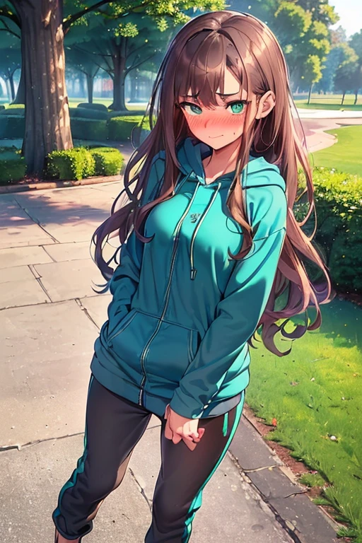 (((medium breasts))), ((best quality)), ((masterpiece)), (detailed), (((perfect face))), (((slender 16 year old teen girl wearing teal zip hoodie))), (((gray sweatpants))), ((dark brown hair)), ((long wavy hair)), (((beautiful green eyes))), ((shy:1.3)), ((blushing:1.6)), ((small shy smile)), ((perfect thighs)), ((perfect legs)), (((outside next to a tree))), ((((looking away)))), (((full body)))