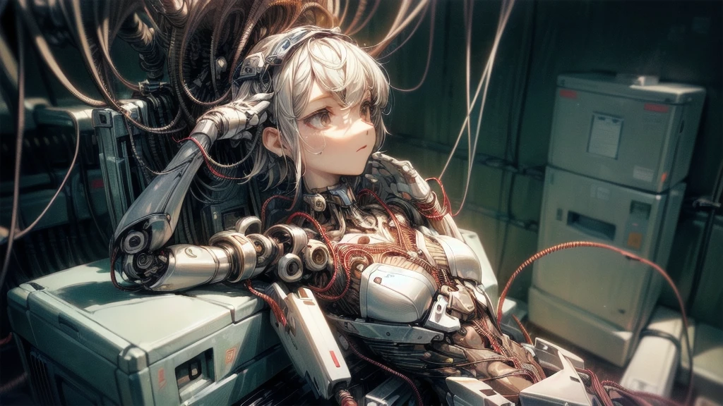 (((masterpiece))), (((Highest quality))), ((Very detailed)), (Highly detailed CG illustrations), ((Very delicate and beautiful)),(Cute and delicate face),Light,((1. Machine Girl)),alone,whole body,(Machine made joints:1.4),((Mechanical Limbs)),(Muscle swelling),(The container is connected to a tube),(Brain in a container:1.3),((Mechanical vertebrae attached to the back)),((Mechanical cervical spine attached to the neck)),((Sitting)),poker face,(Wires and cables attached to head and body:1.5),Small breasts,short hair,(Character Focus),SF,Dark shortcuts,Centering shortcuts,A devastated society,alone,