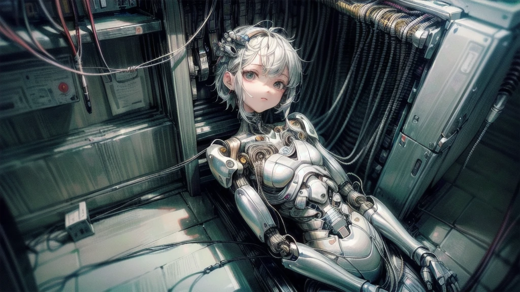 (((masterpiece))), (((Highest quality))), ((Very detailed)), (Highly detailed CG illustrations), ((Very delicate and beautiful)),(Cute and delicate face),Light,((1. Machine Girl)),alone,whole body,(Machine made joints:1.4),((Mechanical Limbs)),(Muscle swelling),(The container is connected to a tube),(Brain in a container:1.3),((Mechanical vertebrae attached to the back)),((Mechanical cervical spine attached to the neck)),((Sitting)),poker face,(Wires and cables attached to head and body:1.5),Small breasts,short hair,(Character Focus),SF,Dark shortcuts,Centering shortcuts,A devastated society,alone,