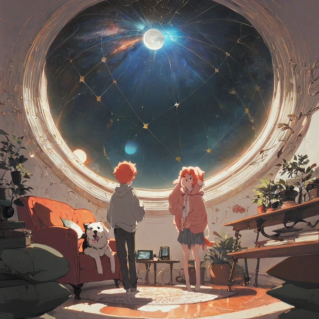 ((anime:1.4,illustration)),(masterpiece, top quality, best quality),(ultra-detailed, absolutely resolution),((16k, high res)), (((Interior, small living room, planetarium on the whole ceiling, boy and dog looking up)) ((cosy lofi illustration:1.4)), ((anime:1.4, illustration)),(masterpiece, top quality, best quality),(ultra-detailed, absolutely resolution),((16k, high res)) BREAK {lofi art, style of Laurie Greasley, style of Makoto Shinkai, anime aesthetic}, BREAK { (produces images with information than 40 million pixels with cinematic-like detailed textures shot on a Sony SLR).}