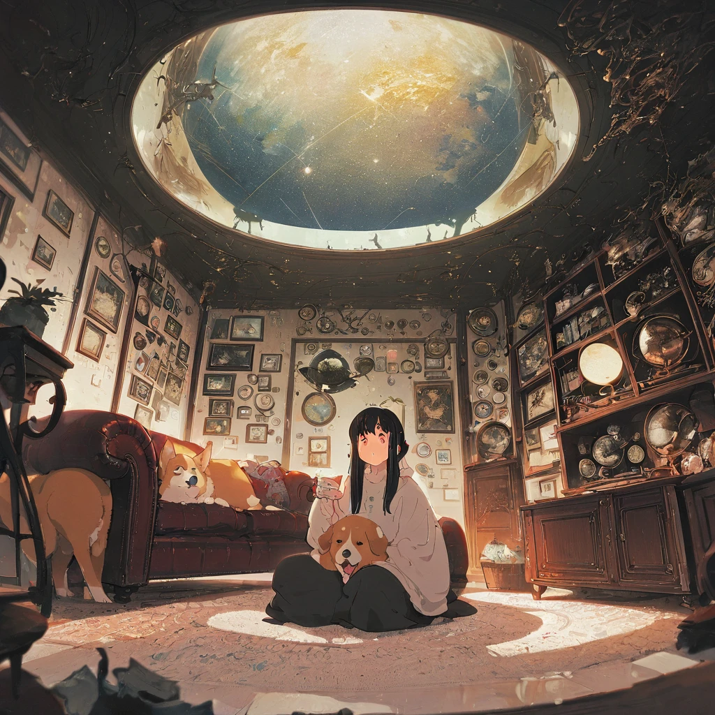 ((anime:1.4,illustration)),(masterpiece, top quality, best quality),(ultra-detailed, absolutely resolution),((16k, high res)), (((Interior, small living room, planetarium on the whole ceiling, boy and dog looking up)) ((cosy lofi illustration:1.4)), ((anime:1.4, illustration)),(masterpiece, top quality, best quality),(ultra-detailed, absolutely resolution),((16k, high res)) BREAK {lofi art, style of Laurie Greasley, style of Makoto Shinkai, anime aesthetic}, BREAK { (produces images with information than 40 million pixels with cinematic-like detailed textures shot on a Sony SLR).}