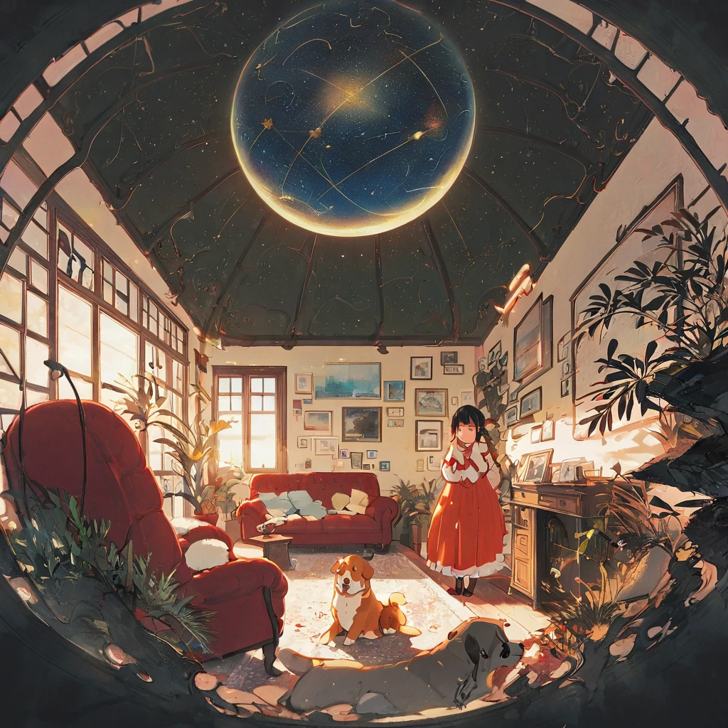 ((anime:1.4,illustration)),(masterpiece, top quality, best quality),(ultra-detailed, absolutely resolution),((16k, high res)), (((Interior, small living room, planetarium on the whole ceiling, boy and dog looking up)) ((cosy lofi illustration:1.4)), ((anime:1.4, illustration)),(masterpiece, top quality, best quality),(ultra-detailed, absolutely resolution),((16k, high res)) BREAK {lofi art, style of Laurie Greasley, style of Makoto Shinkai, anime aesthetic}, BREAK { (produces images with information than 40 million pixels with cinematic-like detailed textures shot on a Sony SLR).}