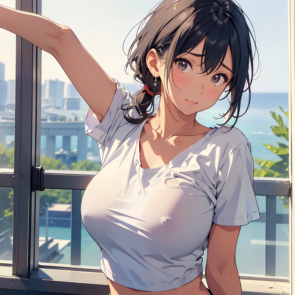 masterpiece,Highest quality, Ultra-high resolution,(Beautiful woman:1.2),(Beautiful big boobs:1),(Happy:1.2),(enjoy:1.2), (Black Hair:1), (short low ponytail:1.2), Medium Hair,Sexy mole around mouth,Wet lips, (It gushes out:1.4), (Squint your eyes:1.4),(simple Plain uniform:1.5),(Gym suit:1), 学校のGym suit,(Plain:1.8),(Wearing a crew-neck white T-shirt:1.2), Navy blue short sweatpants , Upper Body Shot,