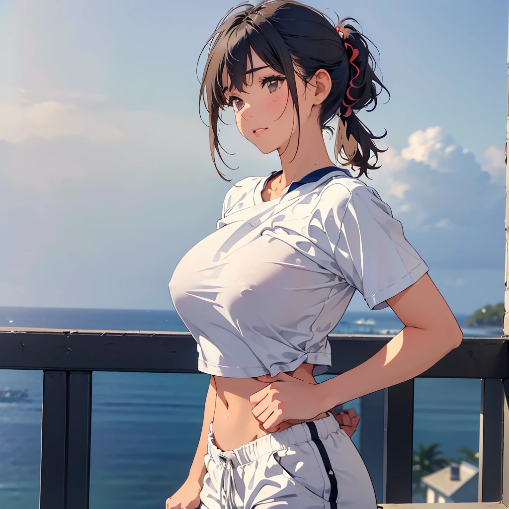 masterpiece,Highest quality, Ultra-high resolution,(Beautiful woman:1.2),(Beautiful big boobs:1),(Happy:1.2),(enjoy:1.2), (Black Hair:1), (short low ponytail:1.2), Medium Hair,Sexy mole around mouth,Wet lips, (It gushes out:1.4), (Squint your eyes:1.4),(simple Plain uniform:1.5),(Gym suit:1), 学校のGym suit,(Plain:1.8),(Wearing a crew-neck white T-shirt:1.2), Navy blue short sweatpants , Upper Body Shot,