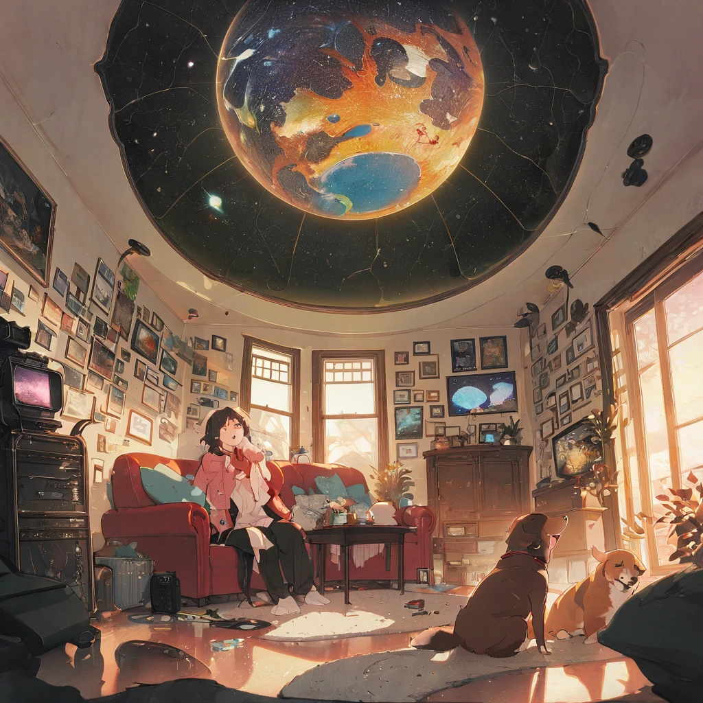 ((anime:1.4,illustration)),(masterpiece, top quality, best quality),(ultra-detailed, absolutely resolution),((16k, high res)), (((Interior, small living room, planetarium on the whole ceiling, boy and dog looking up)) ((cosy lofi illustration:1.4)), ((anime:1.4, illustration)),(masterpiece, top quality, best quality),(ultra-detailed, absolutely resolution),((16k, high res)) BREAK {lofi art, style of Laurie Greasley, style of Makoto Shinkai, anime aesthetic}, BREAK { (produces images with information than 40 million pixels with cinematic-like detailed textures shot on a Sony SLR).}