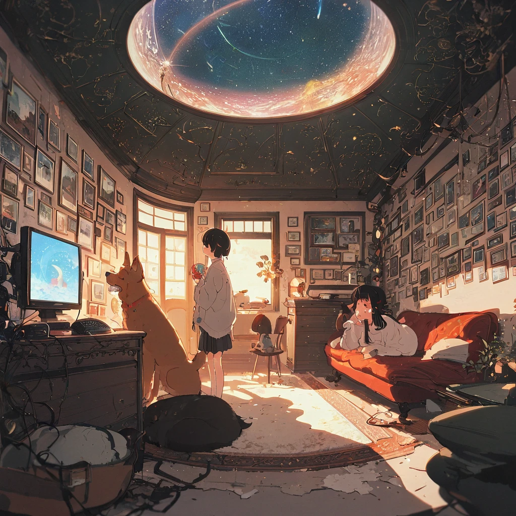 ((anime:1.4,illustration)),(masterpiece, top quality, best quality),(ultra-detailed, absolutely resolution),((16k, high res)), (((Interior, small living room, planetarium on the whole ceiling, boy and dog looking up)) ((cosy lofi illustration:1.4)), ((anime:1.4, illustration)),(masterpiece, top quality, best quality),(ultra-detailed, absolutely resolution),((16k, high res)) BREAK {lofi art, style of Laurie Greasley, style of Makoto Shinkai, anime aesthetic}, BREAK { (produces images with information than 40 million pixels with cinematic-like detailed textures shot on a Sony SLR).}
