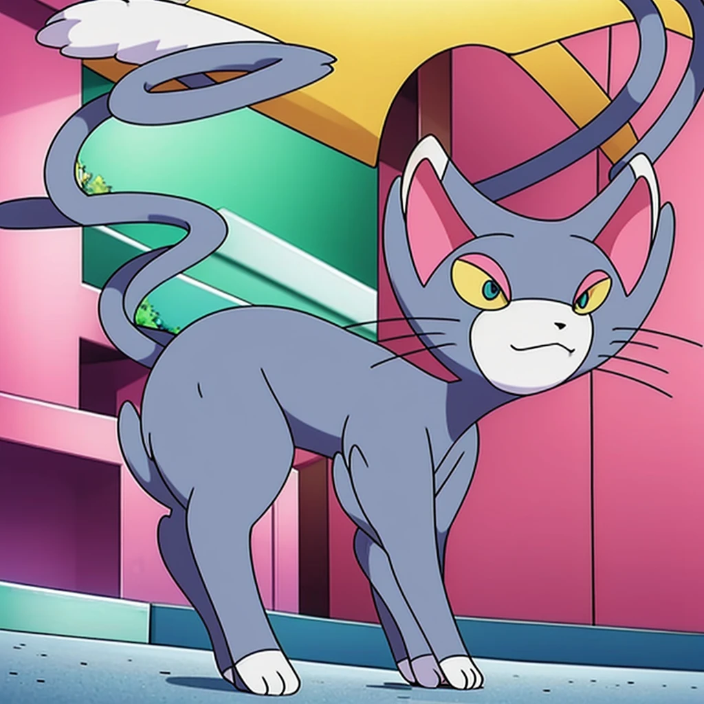 glameow, dual colored fur, grey fur, white fur, green eyes, colored sclera, yellow sclera, pink eyelid, spiraled tail, city background, walking on sidewalk, quadruped, on all fours