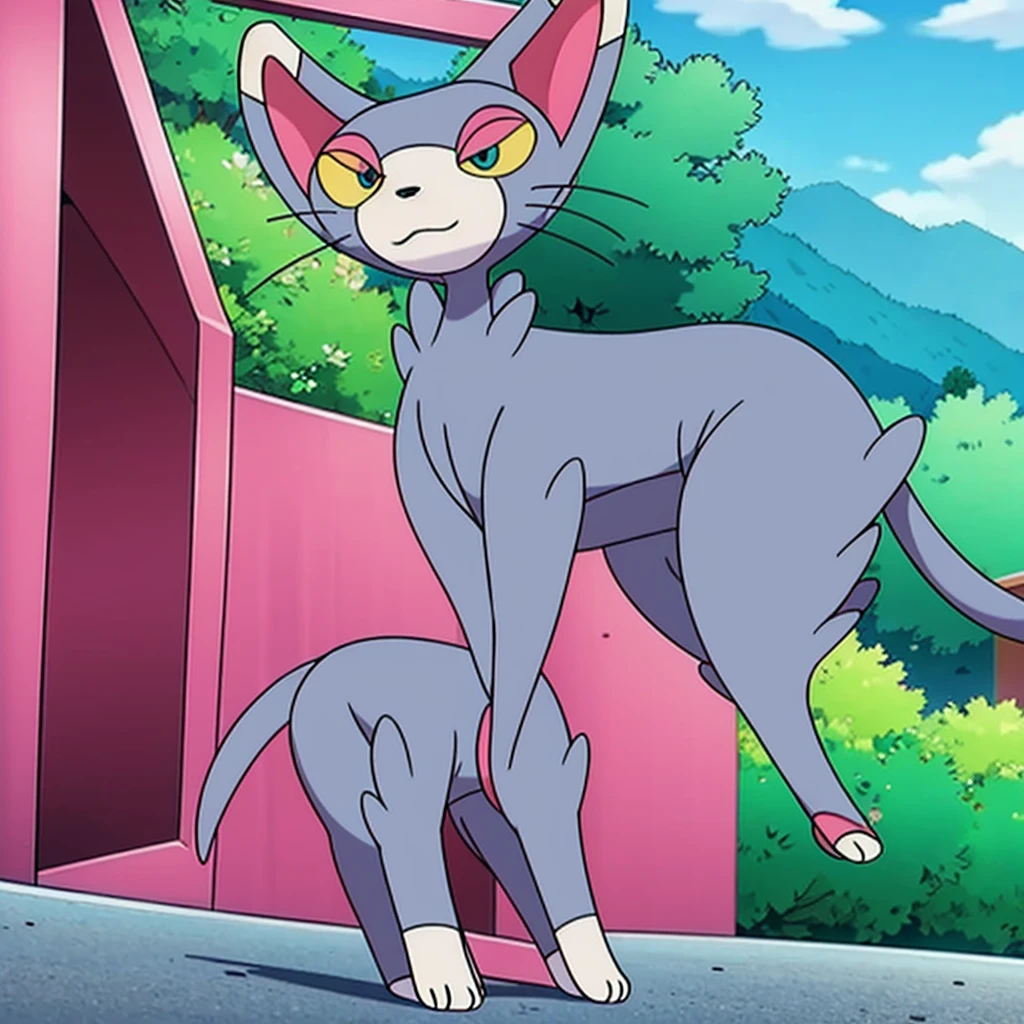 glameow, dual colored fur, grey fur, white fur, green eyes, colored sclera, yellow sclera, pink eyelid, spiraled tail, city background, walking on sidewalk, quadruped, on all fours