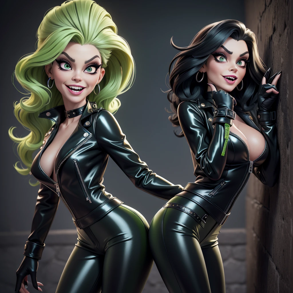 obra prima, melhor qualidade, (cruella deville, elizabeth montgomery, vamp 70yo face wrinkles,) head back, sassy wicked girl, big toothy smile, open mouth, maniacal, extreme, thick smoky black eye shadow, long fake eyelashes, raven black mullet hair, ((metallic lime green pvc biker jacket, skinny jeans,)) with studs zippers snaps, shiny leather gloves, body is skinny, against the wall, shiny tight buttocks, kama sutra, camera view of whole body, looking up at me, shallow depth of field, highres, HD, 8k, anatomically correct