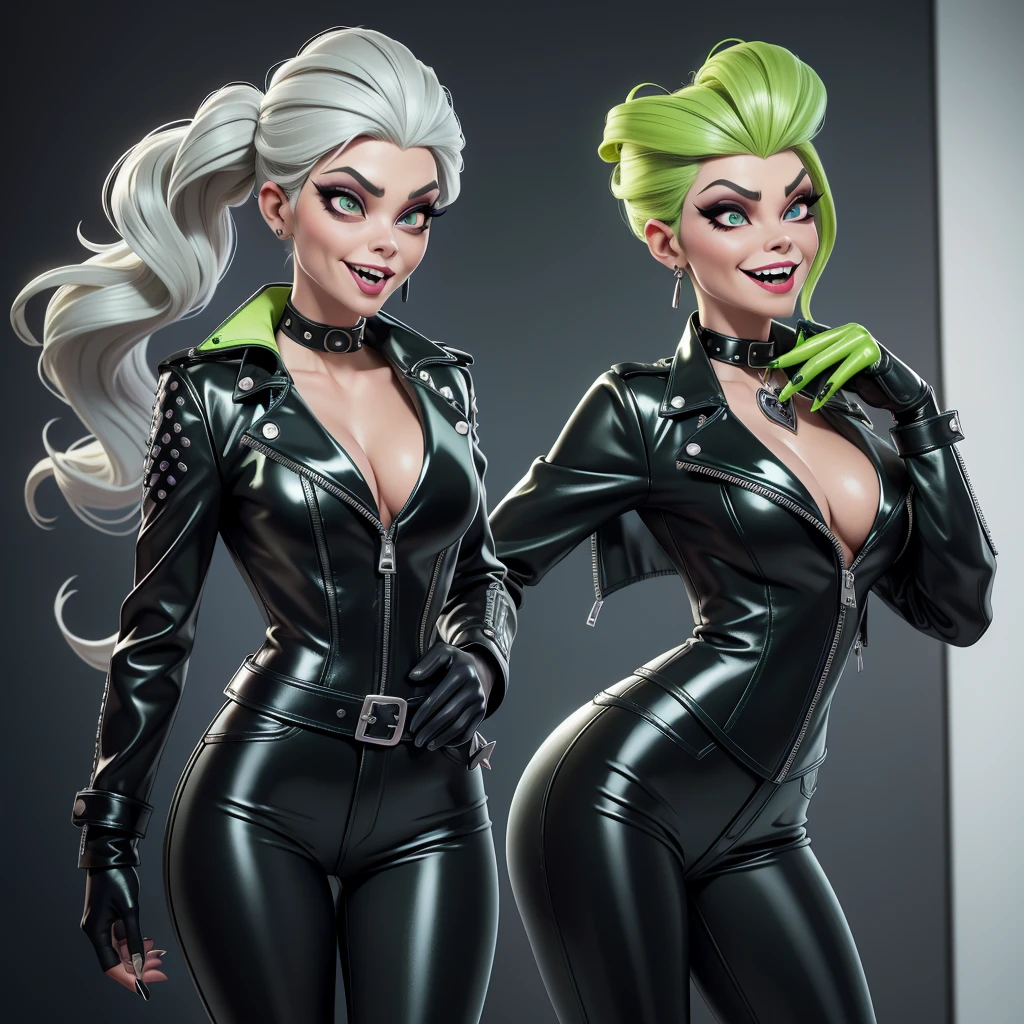 obra prima, melhor qualidade, (cruella deville, elizabeth montgomery, vamp 70yo face wrinkles,) head back, sassy wicked girl, big toothy smile, open mouth, maniacal, extreme, thick smoky black eye shadow, long fake eyelashes, raven black mullet hair, ((metallic lime green pvc biker jacket, skinny jeans,)) with studs zippers snaps, shiny leather gloves, body is skinny, against the wall, shiny tight buttocks, kama sutra, camera view of whole body, looking up at me, shallow depth of field, highres, HD, 8k, anatomically correct