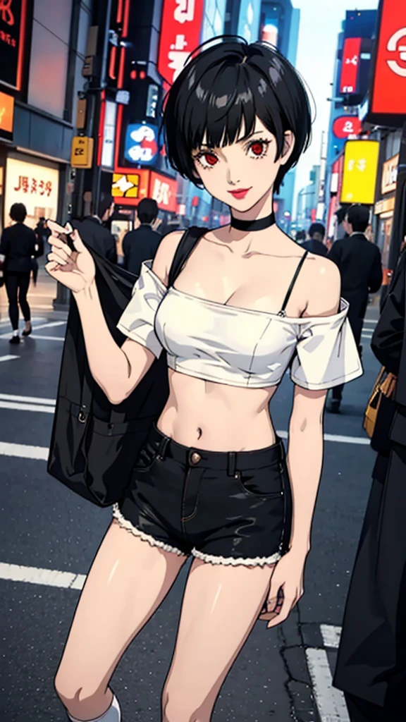 1 girl, red eyes, very Short hair, black choker, lipstick , smile, black hair, tomboy Pixie haircut, shorts, long socks, white bandeau, belly, medium breast, pants, cowboy shot, Tokyo street background